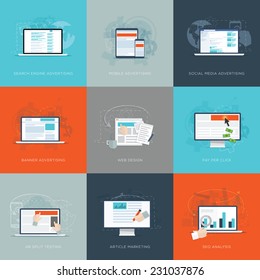 Modern flat internet marketing business vector illustrations set. Usable for websites, web design, infographics, flyers, advertisements, corporate brochures, marketing campaings and email marketing.