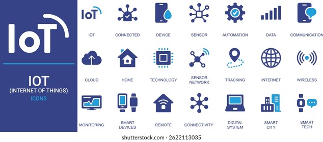
Modern flat IoT icon set featuring smart devices, cloud, automation, sensor, data, wireless, connectivity, and digital systems for web, app, or tech UI design.
