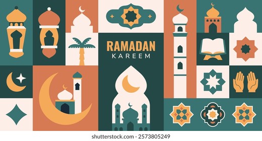 Modern flat islamic background , greetings card, banner. Ramadan kareem islamic holidays in geometric style.