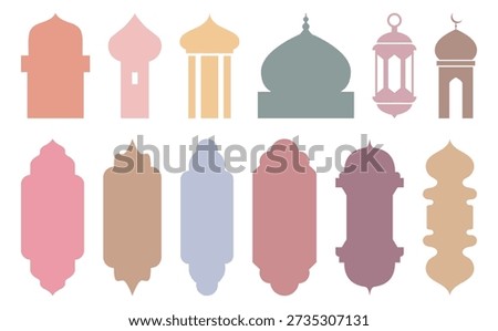 Modern Flat Islamic Geometric Shapes and Ramadan Decorative Elements Collection, Minimalist Oriental Windows, Mosque Domes, and Lanterns Silhouette Set, Abstract Arabic Architectural Arches and Ornaments for Ramadan Mubarak Design
