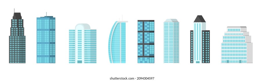 Modern flat isolated on white background. Exterior of modern city buildings. Skyscrapers urban structure with house facade. Residential and business office houses. Metropolis. Vector illustration.