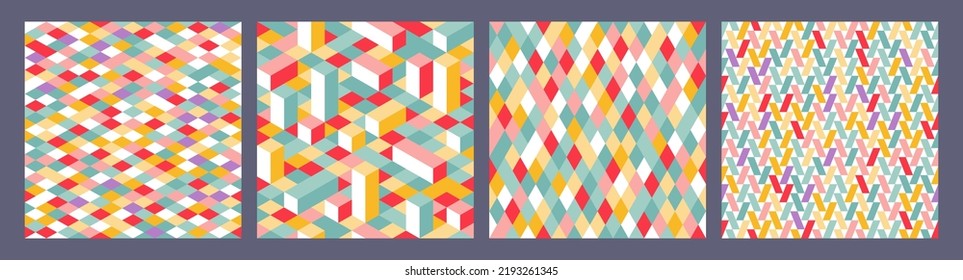 Modern Flat Isometric Backgrounds Set. Colorful Vector Texture with Geometric Shapes.