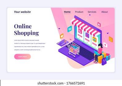 Modernes, flachisometrisches Design-Konzept des Online Shopping. Eine junge Frau, die Laptop zum Kauf von Produkten im Online-Shop für Website und mobile Website. Seitenvorlage für die Landung. Vektorgrafik