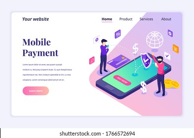 Modern flat isometric design concept of Online Payment, money transfer. People are making an online transaction for website and mobile website. Landing page template. vector illustration