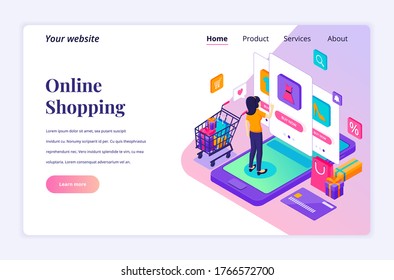 Moderno concepto de diseño isométrico plano de las compras en línea. Una joven mujer compra productos en la tienda de aplicaciones móviles para sitio web y sitio web móvil. Plantilla de página de inicio. ilustración vectorial
