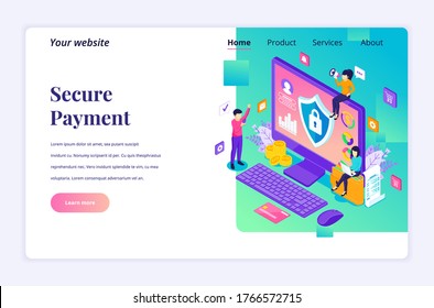 Moderno concepto de diseño isométrico plano de pago seguro, protección de transferencia de dinero con caracteres para sitio web y sitio web móvil. Plantilla de página de inicio. ilustración vectorial