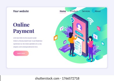 Modern flat isometric design concept of Online Payment, money transfer with characters for website and mobile website. Landing page template. vector illustration