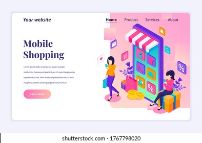 Modern flat isometric design concept of Online Shopping. Young Women buying products in the mobile application store for website and mobile website. Landing page template. vector illustration