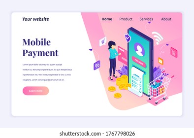Modern flat isometric design concept of Online Payment, money transfer. A young woman is making an online transaction for website and mobile website. Landing page template. vector illustration