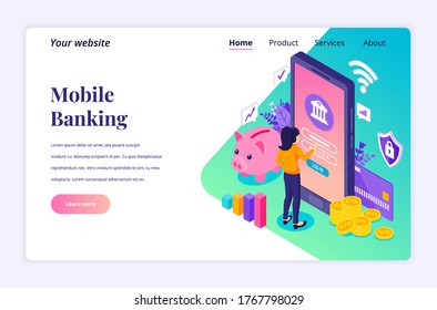 Modern flat isometric design concept of Online Banking with characters. electronic mobile payment for website and mobile website. Landing page template. vector illustration