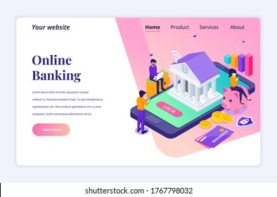 Modern flat isometric design concept of Online Banking with characters. electronic payment for website and mobile website. Landing page template. vector illustration