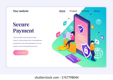 Modern flat isometric design concept of Secure Payment, money transfer protection with characters for website and mobile website. Landing page template. vector illustration