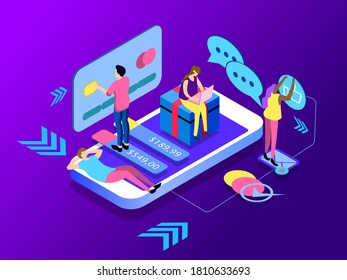 Modern flat isometric design concept of E-commerce. People buying products in the online store, Online Shopping concept for website and mobile website. Landing page template. vector illustration EPS