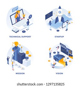 Modern Flat Isometric designed concept icons for Technical support, Startup, Mission and Vision. Can be used for Web Project and Applications. Vector Illustration