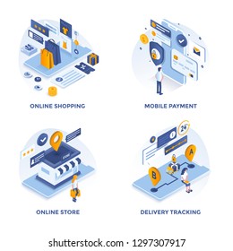 Modern Flat Isometric designed concept icons for Online Shopping, Mobile Payment, Online Store and Delivery Tracking. Can be used for Web Project and Applications. Vector Illustration