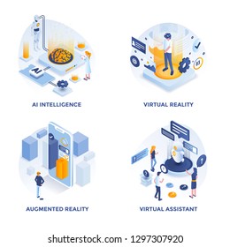 Modern Flat Isometric designed concept icons for AI Intelligence, Virtual Reality, Augmented Reality and Virtual Assistant. Can be used for Web Project and Applications. Vector Illustration