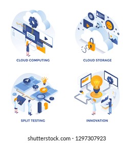 Modern Flat Isometric designed concept icons for Cloud Computing, Cloud Storage, Split Testing and Innovation. Can be used for Web Project and Applications. Vector Illustration