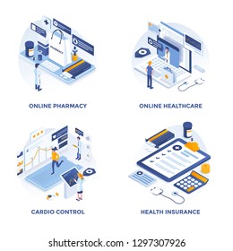 Modern Flat Isometric designed concept icons for Online Pharmacy, Online Healthcare, Cardio Control and Health Insurance. Can be used for Web Project and Applications. Vector Illustration
