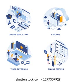 Iconos de concepto modernos diseñados por Isometric para educación en línea, libros electrónicos, tutoriales de vídeo y pruebas en línea. Se puede utilizar para proyectos Web y aplicaciones. Ilustración vectorial