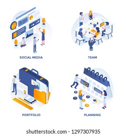 Modern Flat Isometric designed concept icons for Social Media, Team, Portfolio and Planning. Can be used for Web Project and Applications. Vector Illustration