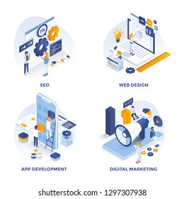 Modern Flat Isometric designed concept icons for Seo, Web Design, Apps Development and Digital Marketing. Can be used for Web Project and Applications. Vector Illustration