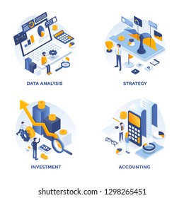 Modern Flat Isometric designed concept icons for Data Analysis, Strategy, Investment and Accounting. Can be used for Web Project and Applications. Vector Illustration