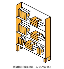 Modern flat isometric illustration of a mini library with bookshelf and neatly arranged books.