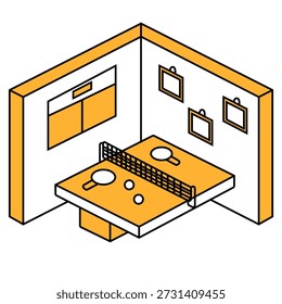 Modern flat isometric illustration of a small indoor table tennis game area with ping pong table, paddles, balls, and wall decor.