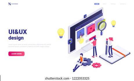 Modern flat isometric UI&UX design concept. Vector illustration with characters, text and button. User experience and user interface design. Illustration for web site header. Web application creation.