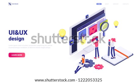Modern flat isometric UI&UX design concept. Vector illustration with characters, text and button. User experience and user interface design. Illustration for web site header. Web application creation.