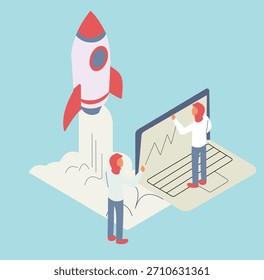Una Ilustración vectorial isométrica plana moderna de un lanzamiento exitoso de una startup. Dos mujeres están de pie cerca de una Grande computadora portátil; una está interactuando con la pantalla, que muestra una tabla de crecimiento financiero
