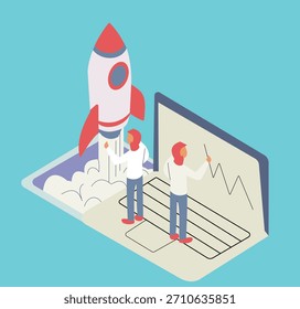 Una Ilustración vectorial isométrica plana moderna de un lanzamiento exitoso de una startup tecnológica. Dos personas están de pie cerca de una Grande computadora portátil; una está interactuando con la pantalla, que muestra un gráfico de tendencias financieras