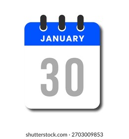 Modern flat January 30 blue calendar icon, clean design for digital planner or UI element.