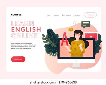 Modern flat landing page design concept of Online Language Education for a website. Teaching Language online. E-learning. Teacher. Vector illustration. 