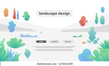 Modern flat landscape with gradient trees and bushes. Simple curved shapes.