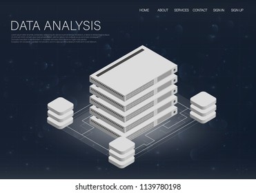 Modern flat layout template with blue big data for banner design. Abstract big data illustration. Construction site; 3d illustration. Teamwork concept banner. Abstract tech background.