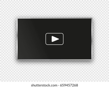 Modern flat LCD TV. Video player on a transparent background with a play button. Realistic vector illustration.