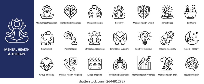Modern Flat Line Art Mental Health and Therapy Icons Set - Mindfulness, Counseling, and Wellness Symbols for Digital Media, Apps, and Healthcare Graphics