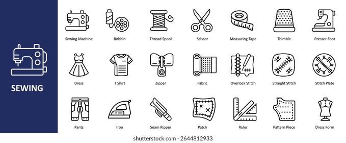 Modern Flat Line Art Sewing Icons Set - Tailoring, Crafting, and Textile Symbols for Digital Media, Apps, and Creative Hobby Graphics