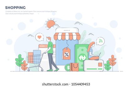 Modern flat line color design, hand drawn Line Business concept for Shopping, easy to use and highly customizable. Modern vector illustration concept, isolated on white background.