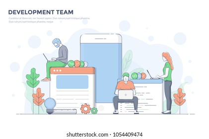 Diseño moderno de color de línea plana, concepto de línea de negocio a mano para el equipo de desarrollo, fácil de usar y altamente personalizable. Concepto moderno de ilustración vectorial, aislado en fondo blanco.