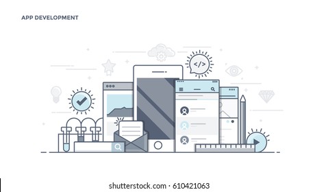 Modern Flat Line Color hero image of Apps Development for website and mobile website, easy to use and highly customizable. Modern vector illustration concept, isolated on white background.