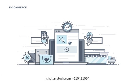 Modern Flat Line Color hero image of E-Commerce for website and mobile website, easy to use and highly customizable. Modern vector illustration concept, isolated on white background.