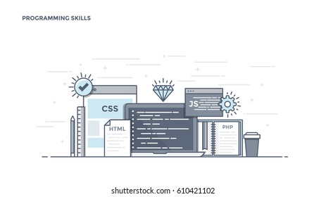 Modern Flat Line Color hero image of Programming Skills for website and mobile website, easy to use and highly customizable. Modern vector illustration concept, isolated on white background.