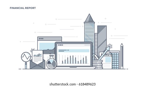 Modern Flat Line Color hero image of Financial Report for website and mobile website, easy to use and highly customizable. Modern vector illustration concept, isolated on white background.
