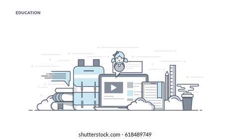 Moderna imagen de héroe de color de línea plana de Educación para sitio web y sitio web móvil, fácil de usar y altamente personalizable. Concepto moderno de ilustración vectorial, aislado en fondo blanco.