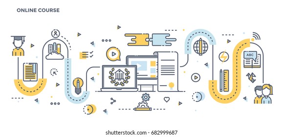 Modern Flat Line Color illustration Concept for Online Course. Concepts web banner and printed materials. Vector Illustration