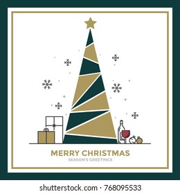 Modern Flat Line creative Christmas greeting card design. Abstract Christmas tree, holiday theme. Can be used as Christmas card, poster, banner, frame. Vector Illustration