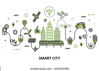 Modern Flat Line Design, Concept Of Smart City, Technologies Of Future And Urban Innovations, For Graphic And Web Design