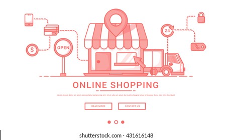 Modern Flat line design concept of online shopping.banner.